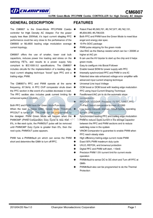 CM6807GIR datasheet - 10-PIN Green-Mode PFC/PWM Combo CONTROLLER for High Density AC Adapter