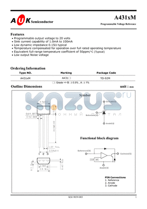 A431XM datasheet - Programmable Voltage Reference (Programmable output voltage to 20 volts)