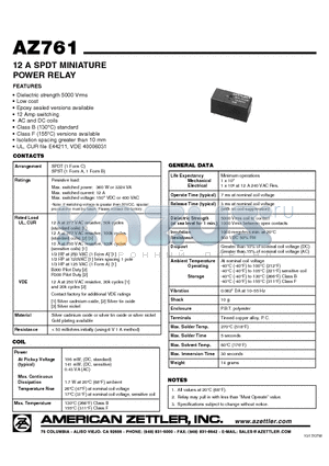 AZ761-1C-110DE datasheet - 12 A SPDT MINIATURE POWER RELAY