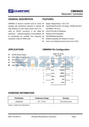 CM6900GIS datasheet - Resonant Controller