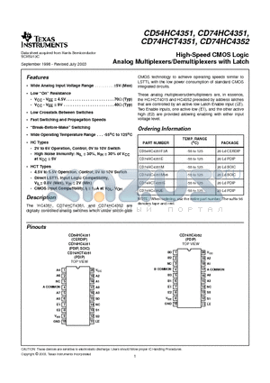 CD54HC4351 datasheet - High-Speed CMOS Logic Analog Multiplexers/Demultiplexers with Latch