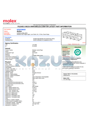 A432236025 datasheet - Modular Jack, Right Angle, Low Profile, 6/4, 3 Ports, Panel Stops