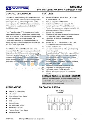 CM6903A datasheet - Low Pin Count PFC/PWM CONTROLLER COMBO