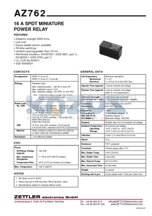 AZ762-1A-18D datasheet - 16 A SPDT MINIATURE POWER RELAY
