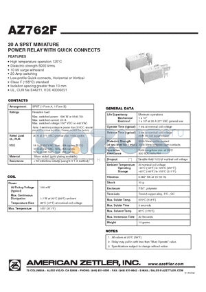 AZ762F datasheet - 20 A SPST MINIATURE POWER RELAY WITH QUICK CONNECTS