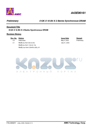 A43E06161V-75 datasheet - 512K X 16 Bit X 2 Banks Synchronous DRAM