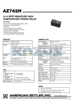 AZ762H-1CB-12DE datasheet - 16 A SPDT MINIATURE HIGH TEMPERATURE POWER RELAY