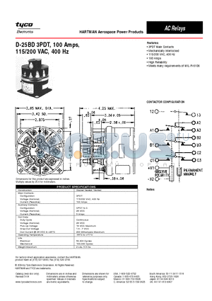 D-25BD datasheet - 3PDT, 100 Amps, 115/200 VAC, 400 Hz