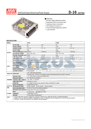 D-30 datasheet - 30W Dual Output Switching Power Supply
