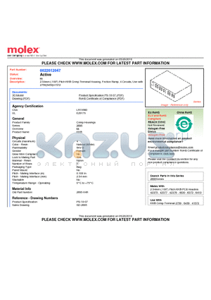 22-01-2047 datasheet - 2.54mm (.100) Pitch KK^ Crimp Terminal Housing, Friction Ramp, 4 Circuits, Use with 2759|6459|41572