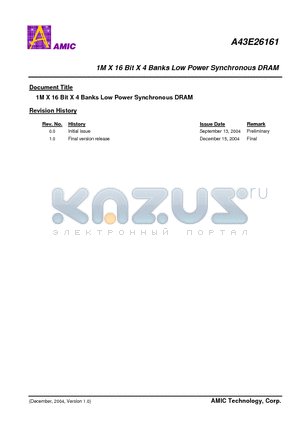 A43E26161V-95F datasheet - 1M X 16 BIT X 4 BANKS LOW POWER SYNCHRONOUS DRAM