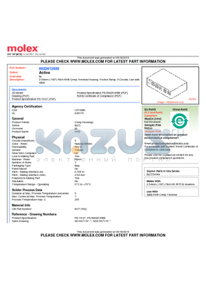 22-01-2055 datasheet - 2.54mm (.100) Pitch KK^ Crimp Terminal Housing, Friction Ramp, 5 Circuits, Use with 4809