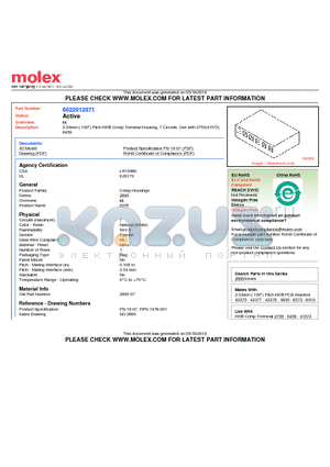 22-01-2071 datasheet - 2.54mm (.100) Pitch KK^ Crimp Terminal Housing, 7 Circuits, Use with 2759|41572|6459