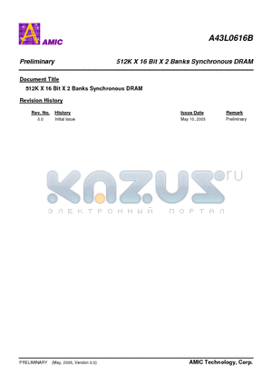 A43L0616BV-6F datasheet - 512K X 16 Bit X 2 Banks Synchronous DRAM