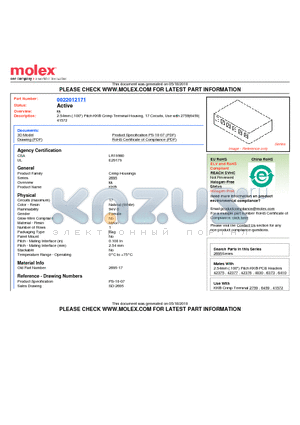 22-01-2171 datasheet - 2.54mm (.100) Pitch KK^ Crimp Terminal Housing, 17 Circuits, Use with 2759|6459|41572