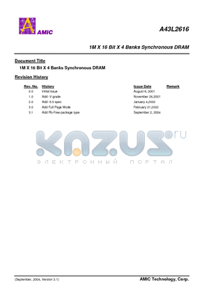 A43L2616 datasheet - 1M X 16 Bit X 4 Banks Synchronous DRAM