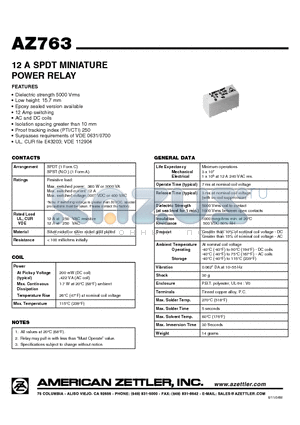 AZ763-1C-9DE datasheet - 12 A SPDT MINIATURE POWER RELAY