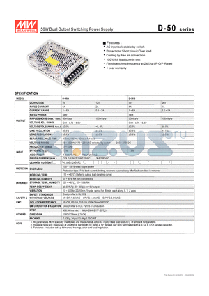 D-50 datasheet - 50W Dual Output Switching Power Supply