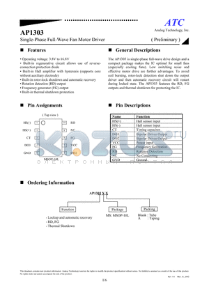 AP1303MSA datasheet - SINGLE - PHASE FULL WAVE FAN MOTOR DRIVER