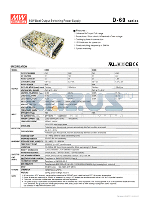 D-60 datasheet - 60W Dual Output Switching Power Supply