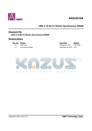 A43L8316AV-7 datasheet - 128K X 16 Bit X 2 Banks Synchronous DRAM