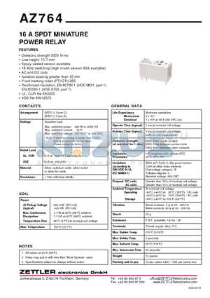 AZ764 datasheet - 16 A SPDT MINIATURE POWER RELAY