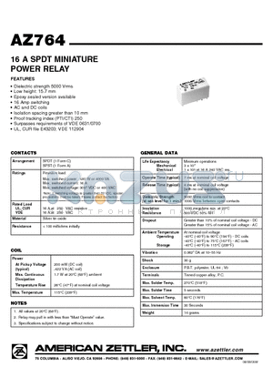 AZ764 datasheet - 16 A SPDT MINIATURE POWER RELAY