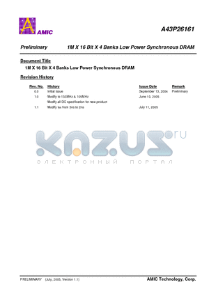 A43P26161V-95F datasheet - 1M X 16 Bit X 4 Banks Low Power Synchronous DRAM