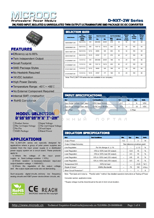 D-NXT-2W datasheet - 2W, FIXED INPUT, ISOLATED & UNREGULATEDTWINOUTPUTULTRAMINIATURESMD PACKAGE DC-DCCONVERTER