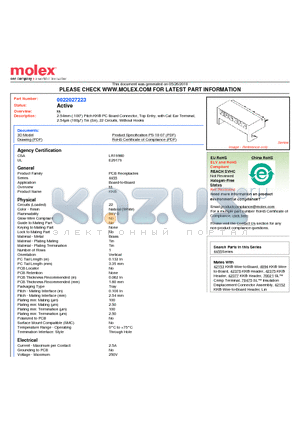 22-02-7223 datasheet - 2.54mm (.100) Pitch KK^ PC Board Connector, Top Entry, with Cat Ear Terminal, 2.54lm (100l) Tin (Sn), 22 Circuits, Without Hooks