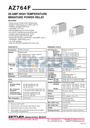 AZ764FH-1AE-240A datasheet - 20 AMP HIGH TEMPERATURE MINIATURE POWER RELAY