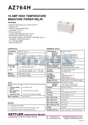 AZ764H-1AE-12DS datasheet - 16 AMP HIGH TEMPERATURE MINIATURE POWER RELAY