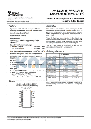 CD54HCT112F3A datasheet - Dual J-K Flip-Flop with Set and Reset Negative-Edge Trigger