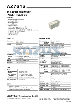 AZ764S-1A-220A datasheet - 16 A SPDT MINIATURE POWER RELAY SMT