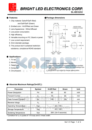 BL-BEG202 datasheet - Chip material: GaAsP/GaP