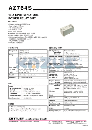 AZ764S-1A-3D datasheet - 16 A SPDT MINIATURE POWER RELAY SMT