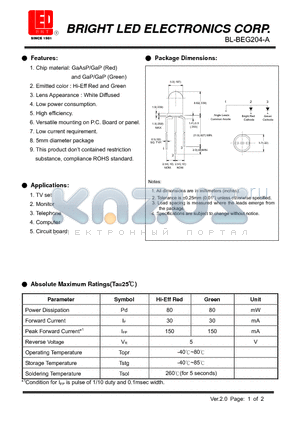 BL-BEG204-A datasheet - LED Hi-Eff Red and Green Low current requirement.