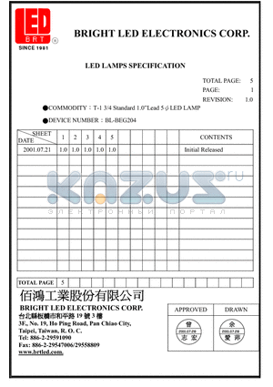 BL-BEG204 datasheet - T-1 3/4 STANDARD 1.0