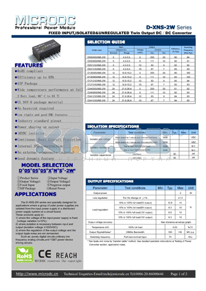 D-XNS-2W datasheet - FIXED INPUT,ISOLATED&UNREGULATED Twin Output DCDC Converter
