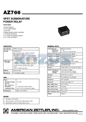 AZ766-1A-12D datasheet - SPST SUBMINIATURE POWER RELAY