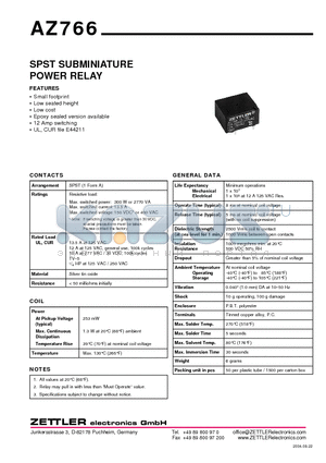 AZ766-1A-12DE datasheet - SPST SUBMINIATURE POWER RELAY