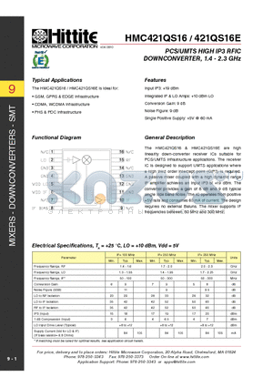 421QS16E datasheet - PCS/UMTS HIGH IP3 RFIC DOWNCONVERTER, 1.4 - 2.3 GHz