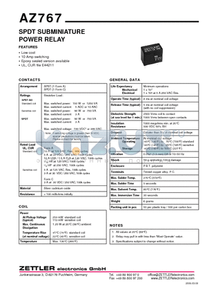 AZ767-1A-18D datasheet - SPDT SUBMINIATURE POWER RELAY