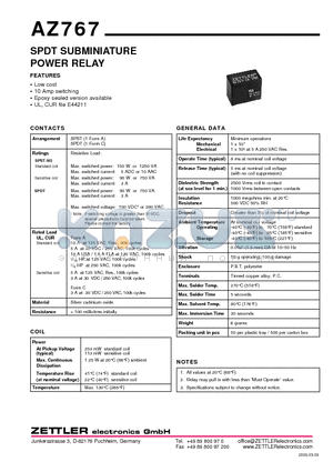 AZ767-1A-3DS datasheet - SPDT SUBMINIATURE POWER RELAY