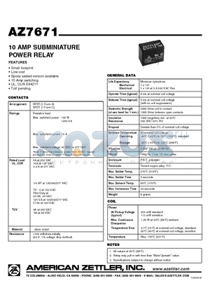 AZ7671-1A-12D datasheet - 10 AMP SUBMINIATURE POWER RELAY