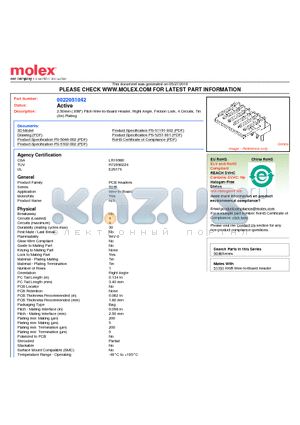 22-05-1042 datasheet - 2.50mm (.098) Pitch Wire-to-Board Header, Right Angle, Friction Lock, 4 Circuits, Tin (Sn) Plating