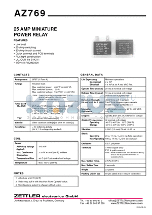 AZ769-1A-5D datasheet - 25 AMP MINIATURE POWER RELAY