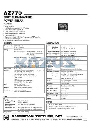 AZ770-1A-12DS datasheet - SPDT SUBMINIATURE POWER RELAY