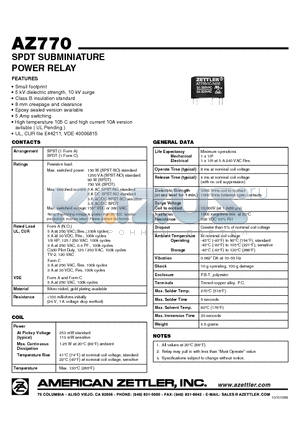 AZ770-1A-18D datasheet - SPDT SUBMINIATURE POWER RELAY