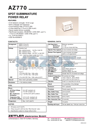 AZ770-1A-3DS datasheet - SPDT SUBMINIATURE POWER RELAY